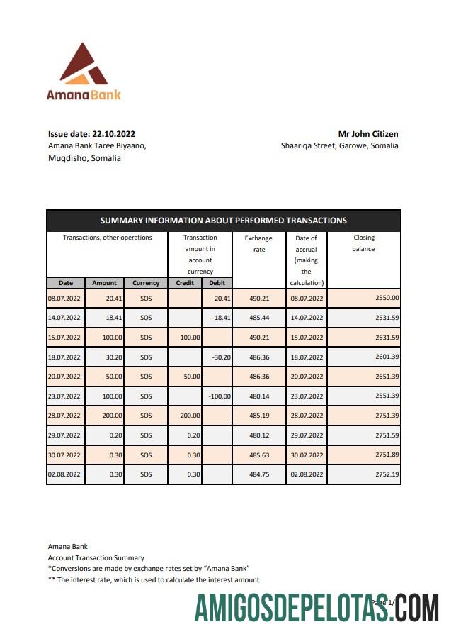 Somalia Amana Bank Statement Xls amostra